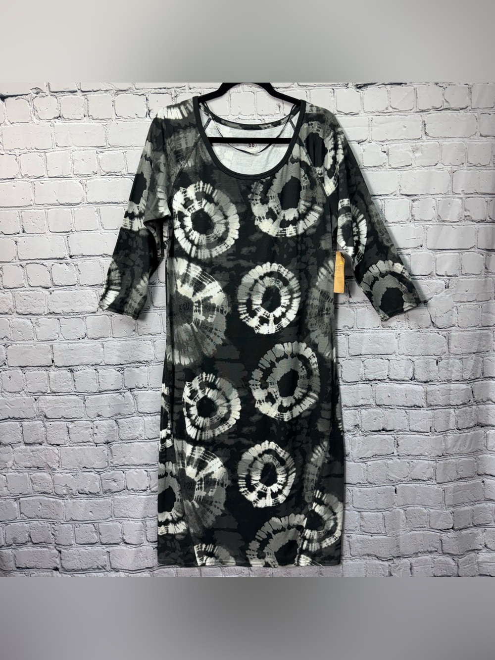 Route 66 Black White Bullseye Tie-Dye 3/4 Sleeve Tee Dress Cotton Blend Size XL